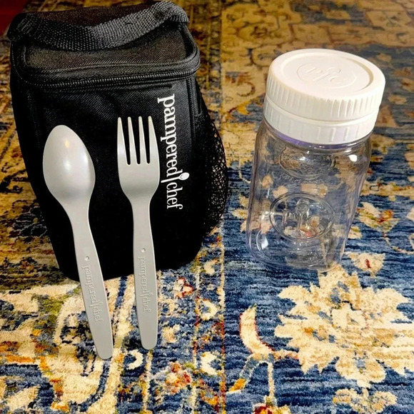 4 Piece Pampered Chef Make & Take Mason Jar Lunch Set Fork/Spoon Insulated Bag - Picture 1 of 16